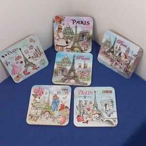 Set of 6 Cork Drink Coasters Whimsical Paris
